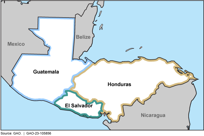 A map outlining the Northern Triangle of Central America, which includes El Salvador, Guatemala, and Honduras.