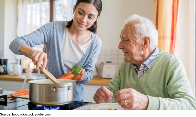 A young woman helping an elderly man in the kitchen