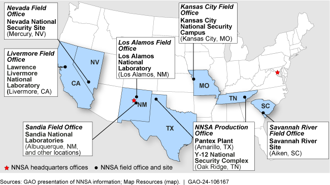 U.S. map showing the locations of NNSA offices in various states. 