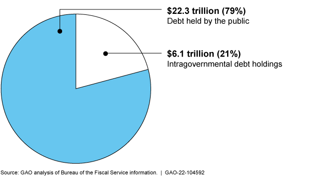 Pie chart showing 79% of debt is held by the public and 21% is intragovernmental debt holdings