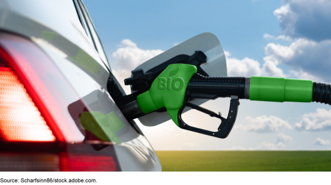 An image of a green biofuel gas pump fueling a vehicle. 