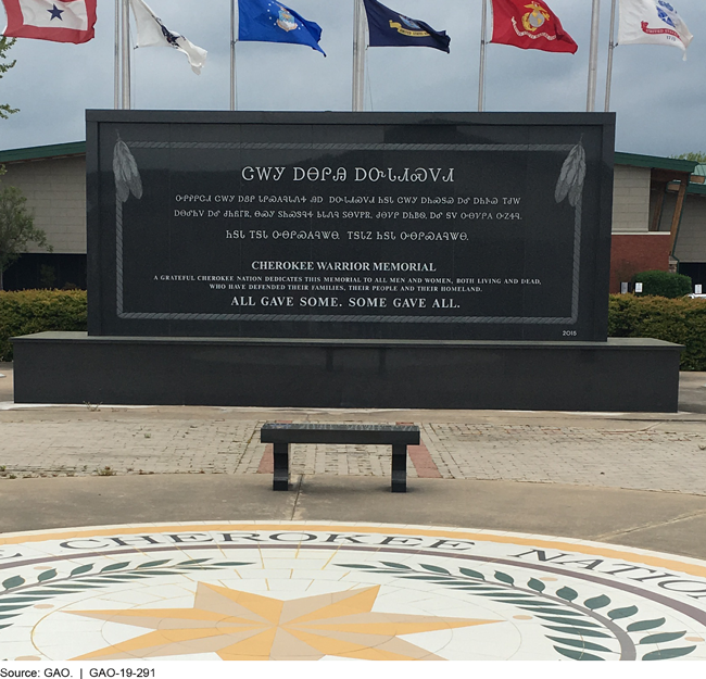 The granite Cherokee Warrior Memorial is dedicated to Cherokee Nation veterans, living and dead.