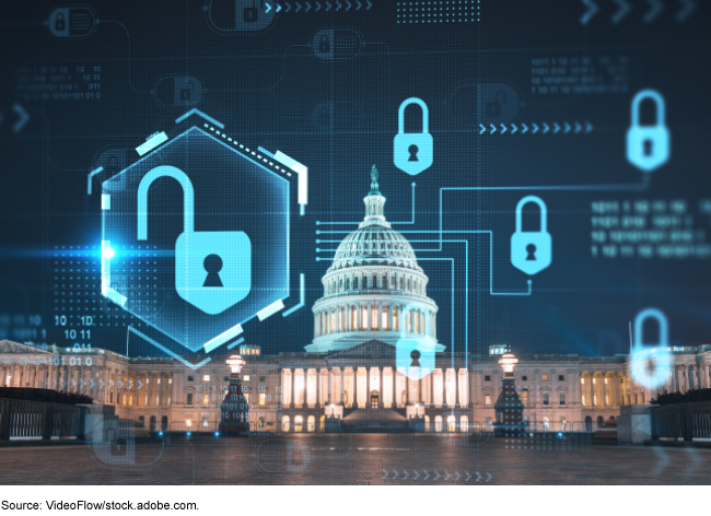 A photo of the US Capitol building behind an illustration of cybersecurity padlocks