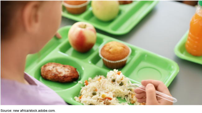 A photo of a student eating school lunch on a tray. 