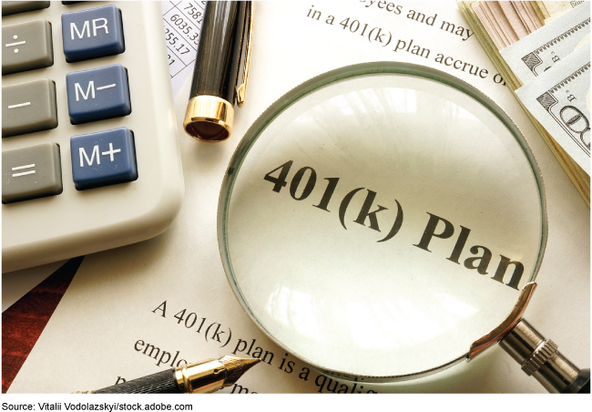 A calculator, a pen, and a piece of paper with the words 401(k) Plan under a magnifying glass.