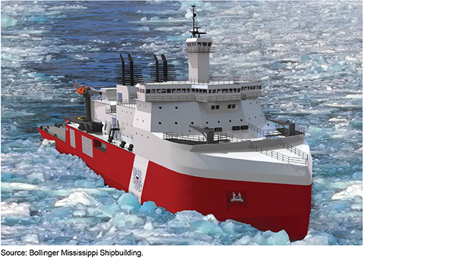 A rendering of a polar security cutter traveling through icy waters