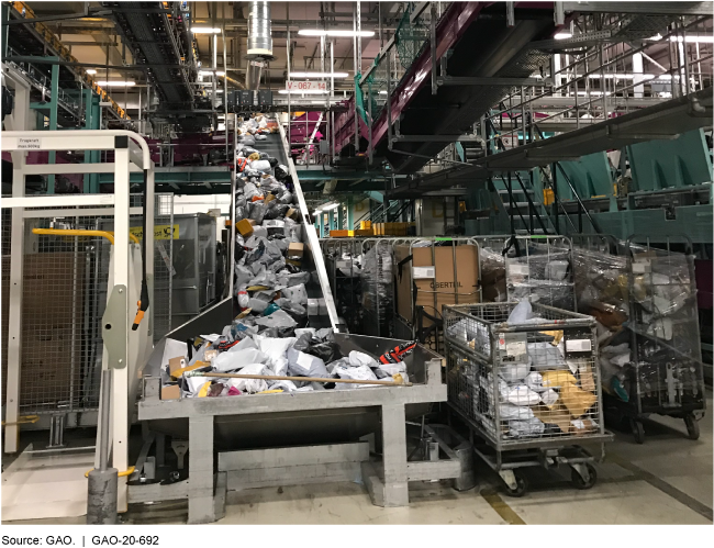 Packages coming down a conveyor belt as well as packages and boxes in metal carts along side the conveyor belt.