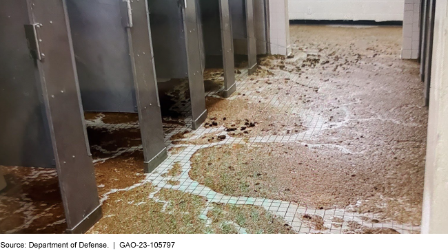 Image showing a communal bathroom with sewage all over the floor.