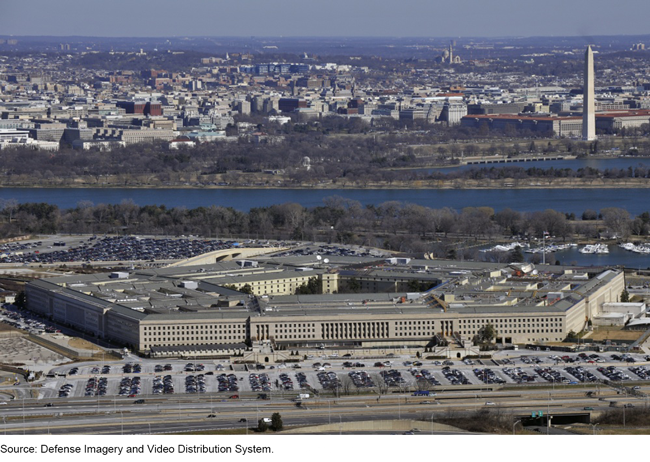Aerial image of the Pentagon with DC skyline in the background.