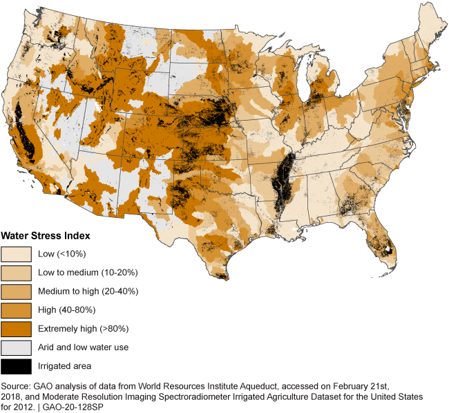 Map showing areas of low to extremely high water scarcity, arid and low water use areas, and irrigated areas