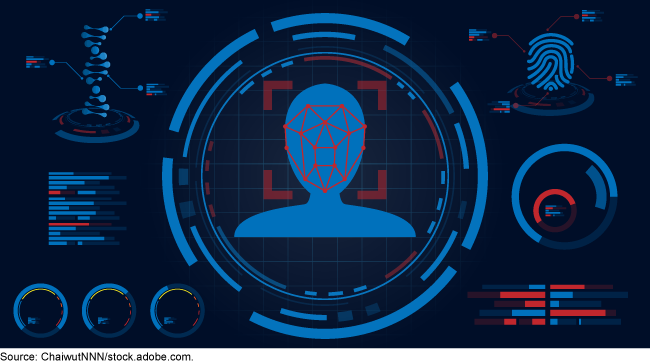 A graphic depicting different forms of forensic algorithms, including facial recognition and fingerprint analysis. 