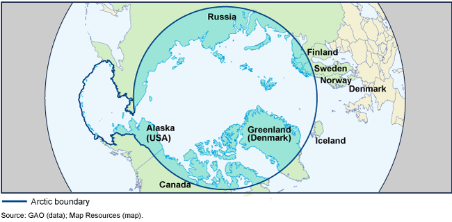 A round shaped world map highlighting the Arctic Region
