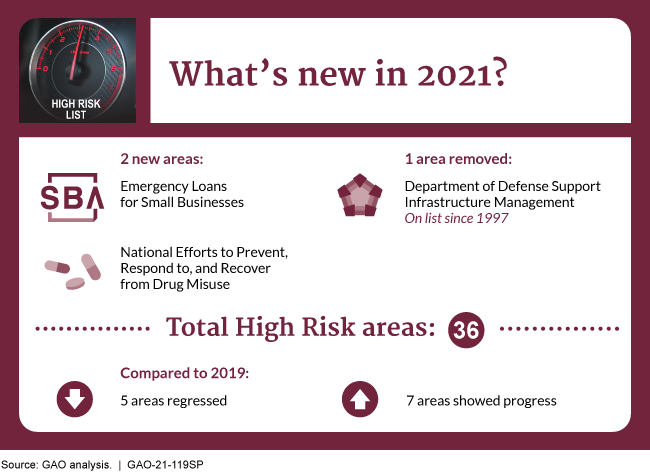Graphic showing what's new on GAO's 2021 High Risk list. 