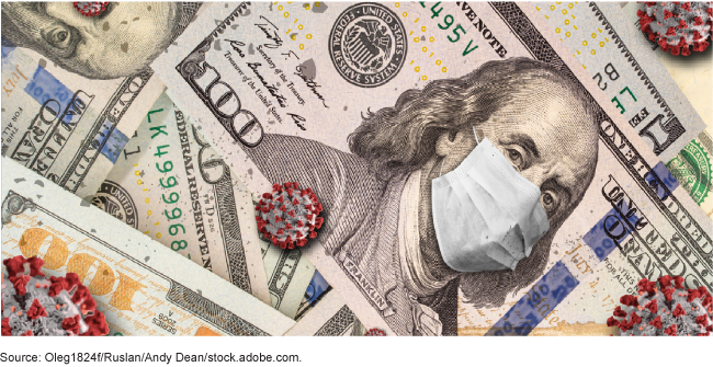 Illustration showing U.S. $100 bills with a face mask on Ben Franklin and COVID viruses floating around.