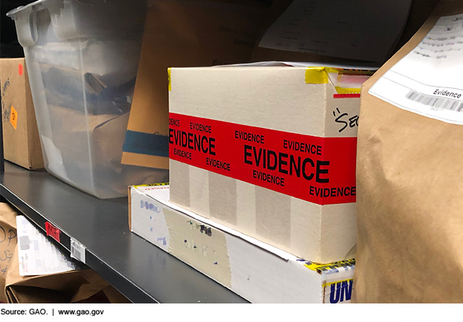 Boxes of evidence on a metal shelf