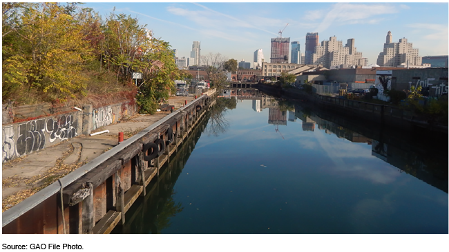 the Gowanus Canal with the Brooklyn NY skyline in the background