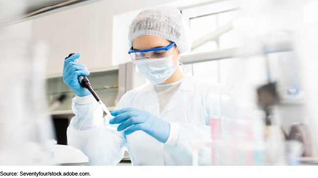 Person wearing a mask, goggles, hairnet, and gloves working in a lab.