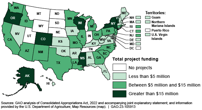 A U.S. map with states colored to indicate the amount of project funding in each state