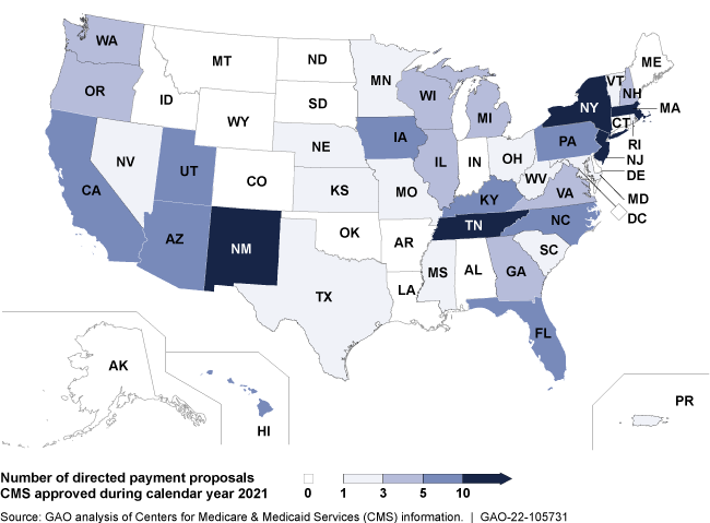 map of the U.S. showing the number of directed payment proposals by state ranging from 0 to more than 10