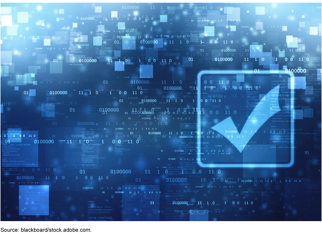 Blue holographic squares and a large blue holographic check box layered with binary codes.