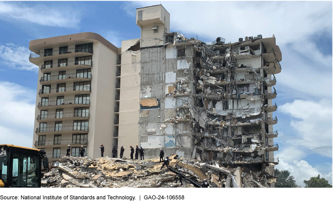 the partially collapsed building and people in uniforms standing on a large pile of debris