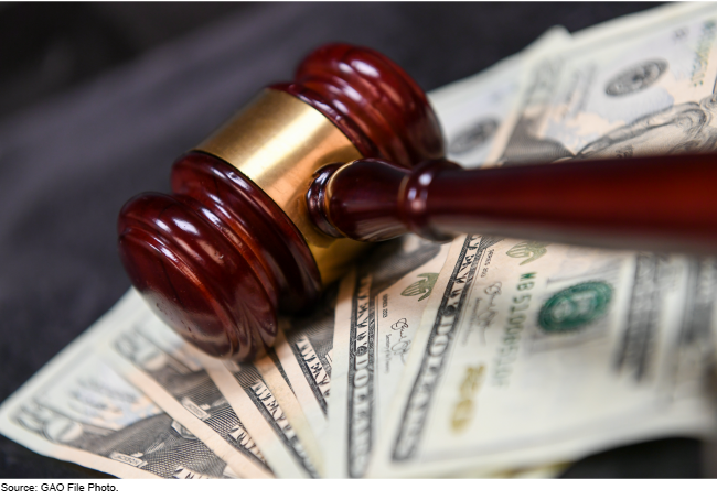 An image of a gavel placed on U.S. dollar bills. 