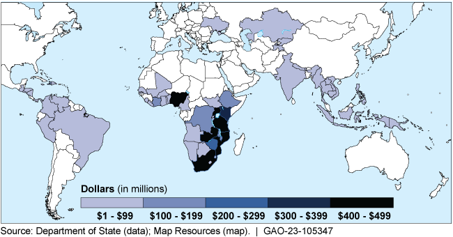 Map of funding from the President’s Emergency Plan for AIDS Relief in FY 2022