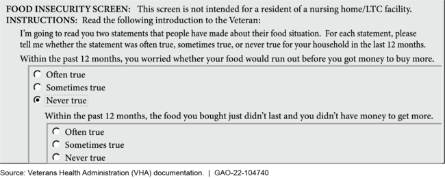 Example of VHA Food Insecurity Screening Tool Record