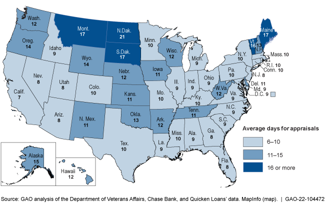 Map of states showing average number of days for completing a residential real estate appraisal in 2018