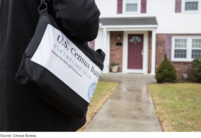 A Census Bureau worker approaches the front door of a house.