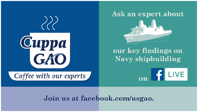 Figure promoting an episode of "Cuppa GAO: Coffee with Our Experts" on Navy shipbuilding on Friday, June 8th at 11am Eastern