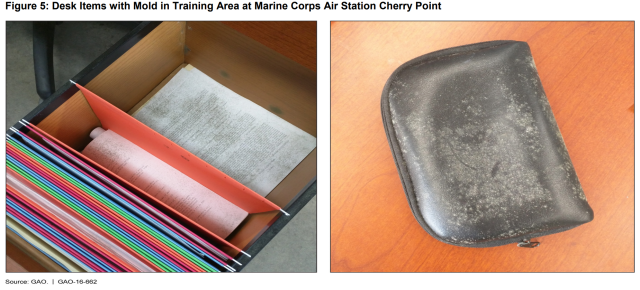 Figure showing desk items with mold in training areas at Marine Corps Air Station Cherry Point