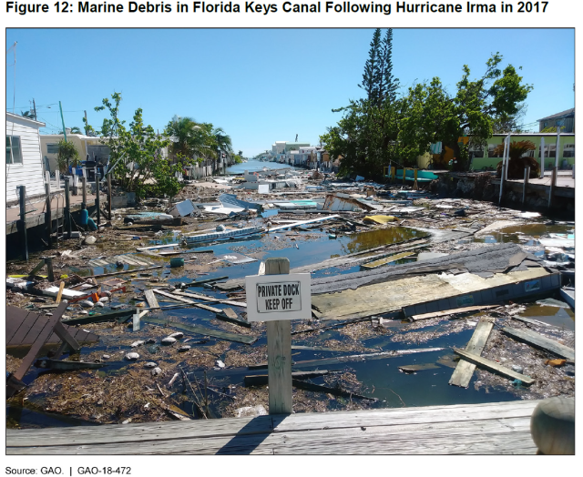 Figure showing marine debris in Florida Keys canal following Hurricane Irma in 2017