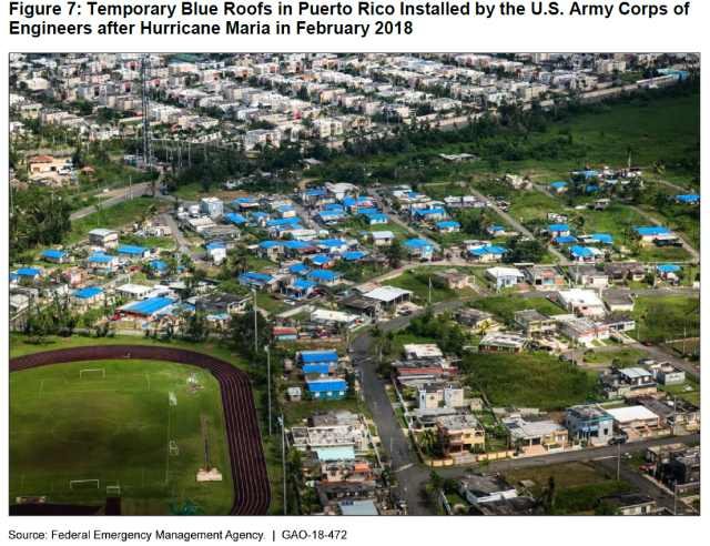 Figure showing temporary blue roofs in Puerto Rico installed by the U.S. Army Corps of Engineers after Hurricane Maria in February 2018