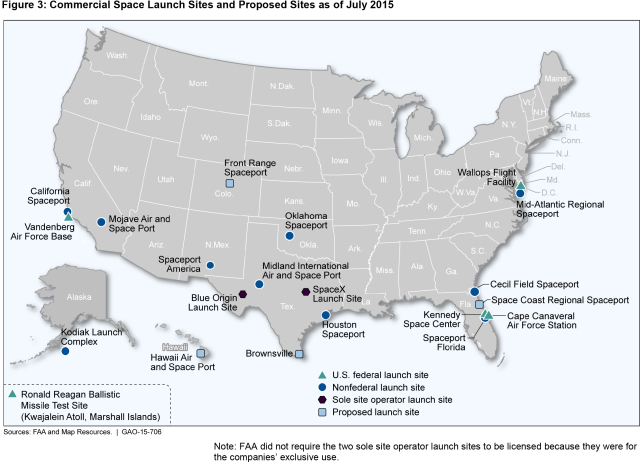 Figure 3: Commercial Space Launch Sites and Proposed Sites as of July 2015