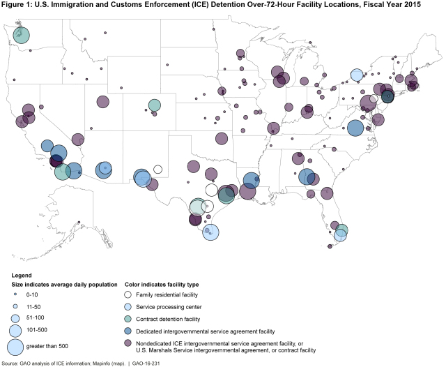 Figure 1: U.S. Immigration and Customs Enforcement (ICE) Detention Over-72-Hour Facility Locations, Fiscal Year 2015