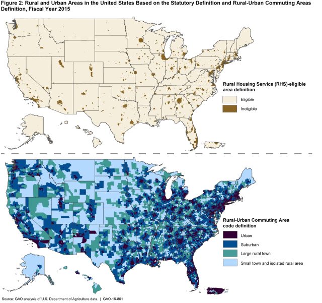 Figure 2: Rural and Urban Areas in the United States Based on the Statutory Definition and Rural-Urban Commuting Areas Definition, Fiscal Year 2015