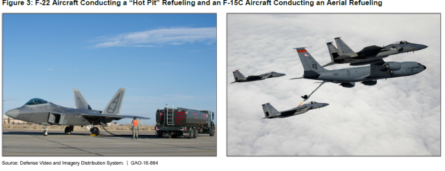 Figure 3: F-22 Aircraft Conducting a “Hot Pit” Refueling and an F15C Aircraft Conducting an Aerial Refueling