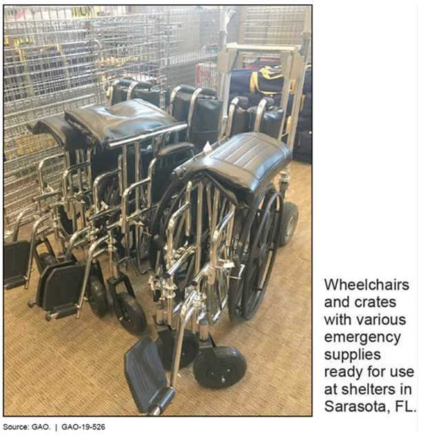 Photo Showing Wheelchairs and Crates with Various Emergency Supplies Ready for Use at Shelters in Sarasota, FL.