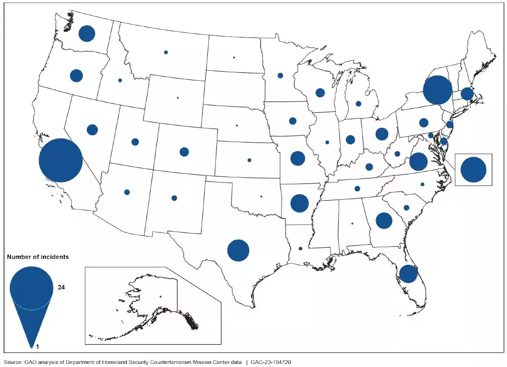 Map of U.S. showing where domestic terrorism incidents occurred, 2010-2021