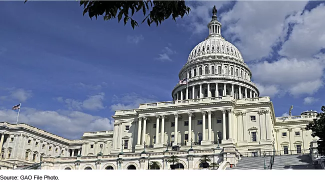 Photo of the U.S. Capitol building. Shows the steps leading up to the building and the large white dome.