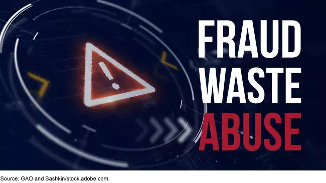 a red exclamation mark in a triangle next to the words "Fraud Waste + Abuse"