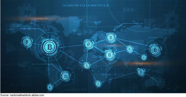 Illustration showing a global map. Different cryptocurrency logos connected by lines superimposed over the map.