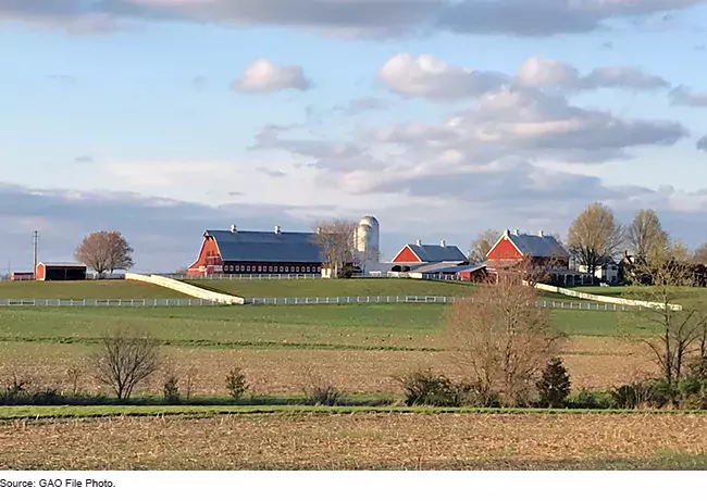 photo showing a farm with barns and silos