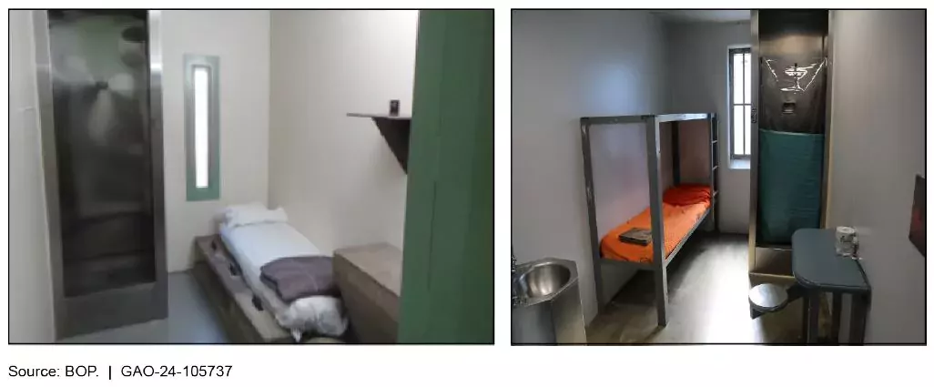 Two photos (side-by-side) showing examples of restrictive housing--small cells with beds and open bathrooms where a person may spend 23 hours a day.