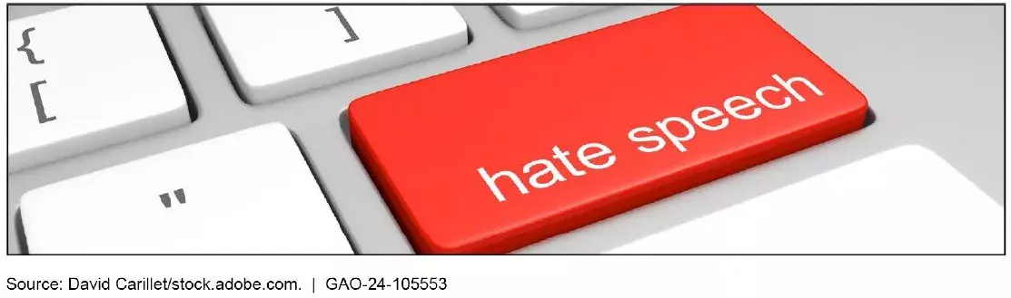 Close up of a computer keyboard. In the place of the "enter" key is a red colored key with the words "Hate Speech" on it.