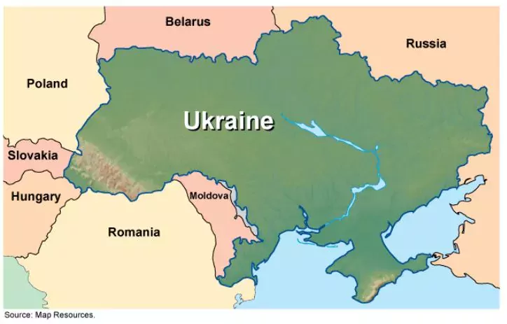 Map showing Ukraine and surrounding countries (Russia to the east; Belarus to the north; Poland, Slovakia, Hungary to the west; Romania and Moldova to the south).