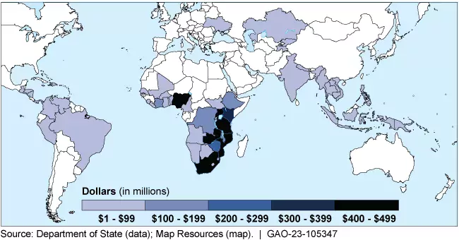 Global map showing countries that received funding through PEPFAR in FY 2022.