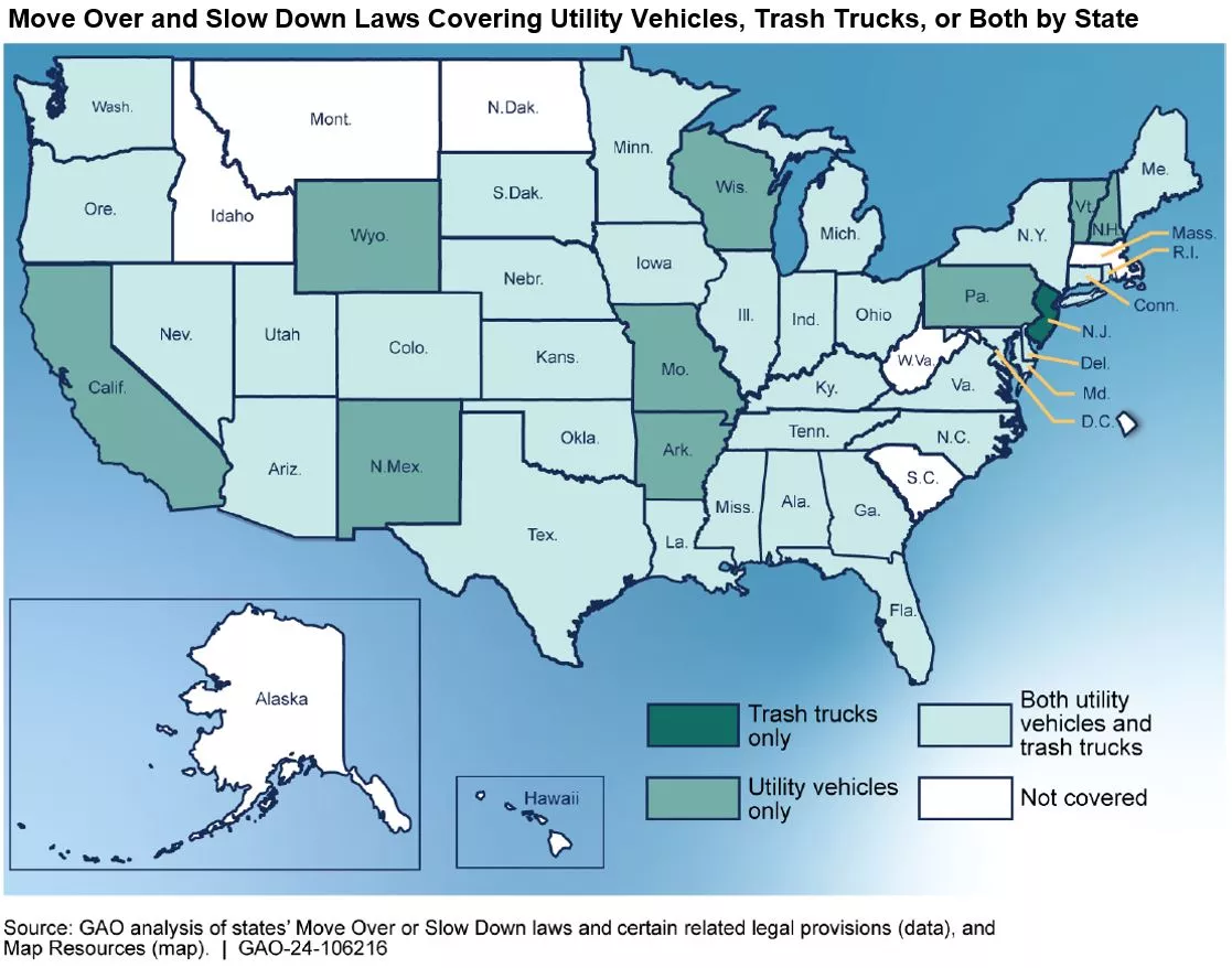 Map of the U.S. showing Move Over and Slow Down laws by state that cover utility vehicles, track trucks, or both (or neither). 
