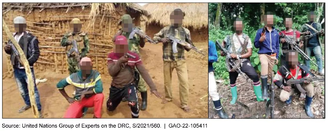 Two photos showing armed group combatants in DRC--men with guns posing for photos.